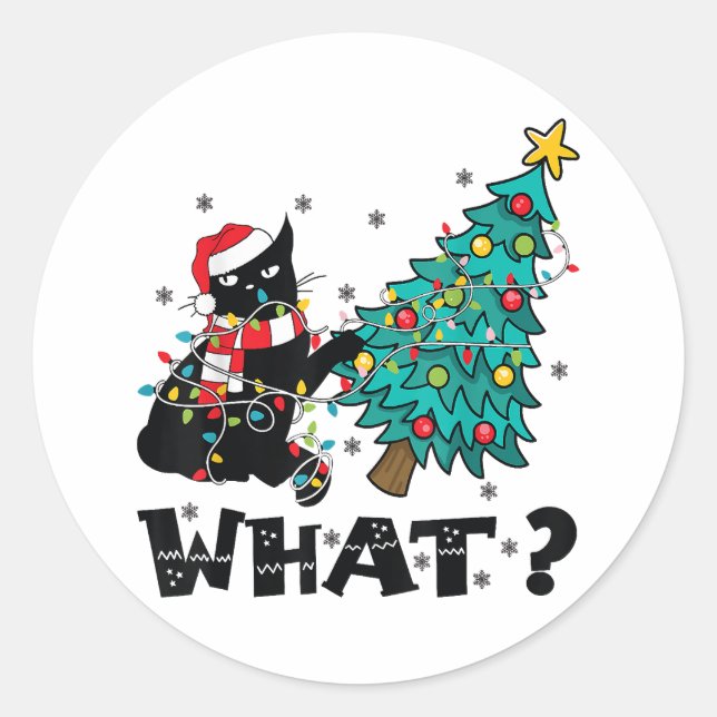 Sticker Rond Ce drôle Chat Noir Père Noël Poussant Arbre de Noë (Devant)