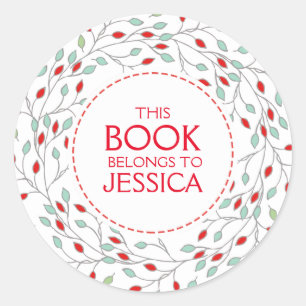 Sticker Rond Ce Livre Appartient à Noël Floral Wreath