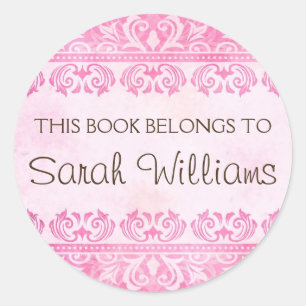 Sticker Rond Ce livre appartient aux autocollants, damas rose v