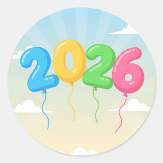 Sticker Rond Célébrez 2026 avec des ballons flottants colorés