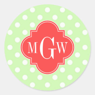 Sticker Rond Celery Polka Dot Coral Red Quatrefoil 3 Monogramme