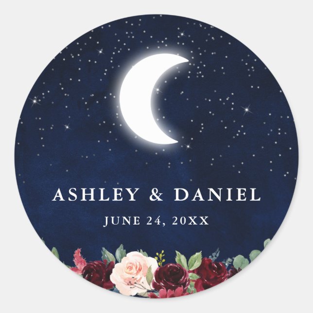 Sticker Rond Céleste Mariage Blue Sky Moon Stars Floral (Devant)