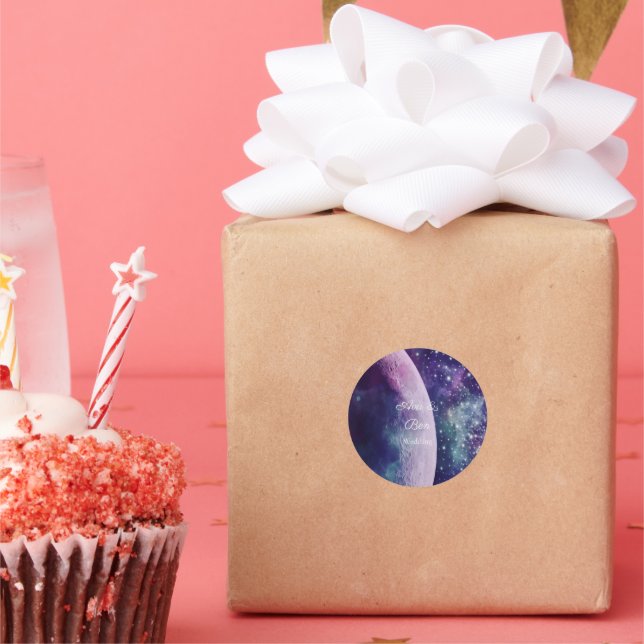 Sticker Rond Celestial Purple Galaxy Moon Wedding  (Fête)