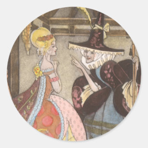Sticker Rond Cendrillon et Marraine Fée, Conte de Fées Vintage