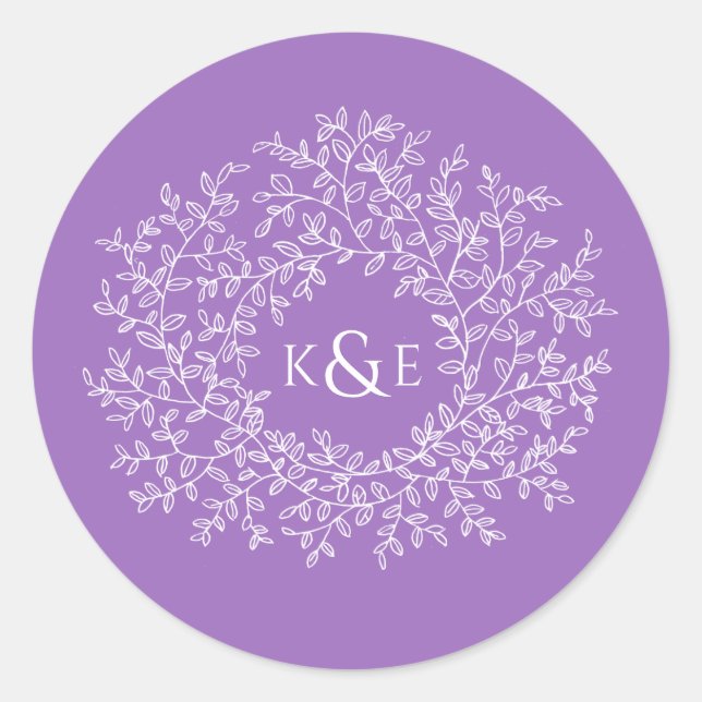 Sticker Rond Cercle d'art blanc feuille mariage violet monogram (Devant)