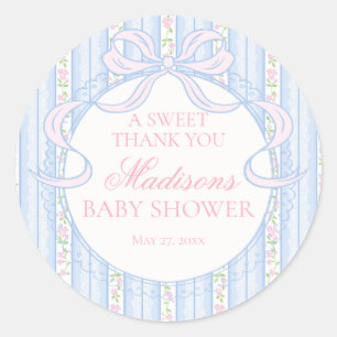 Sticker Rond Cercle de Baby Shower Floral Fancy Vintage Bleu