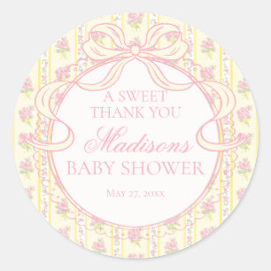 Sticker Rond Cercle de Baby Shower Floral Fancy Vintage Jaune