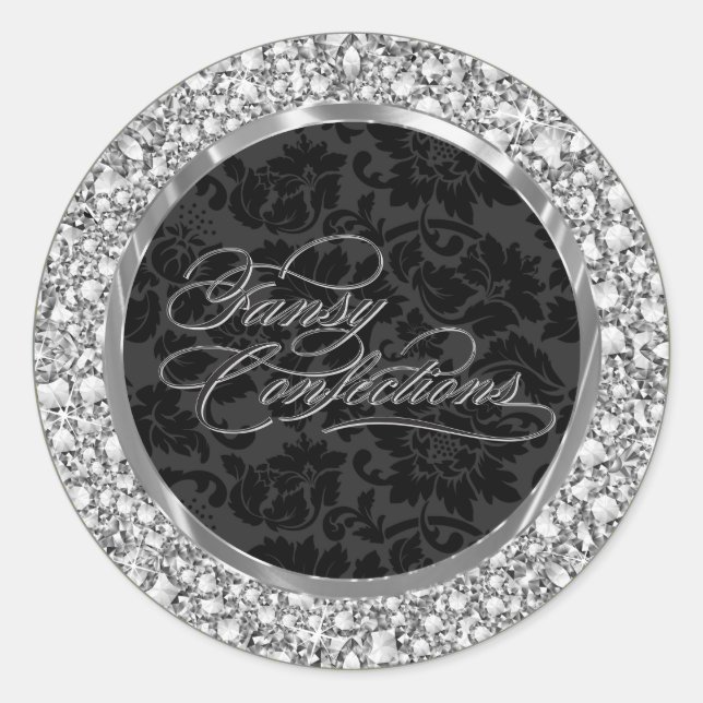 Sticker Rond Cercle Faux Diamant et Noir Damas Incrusté (Devant)