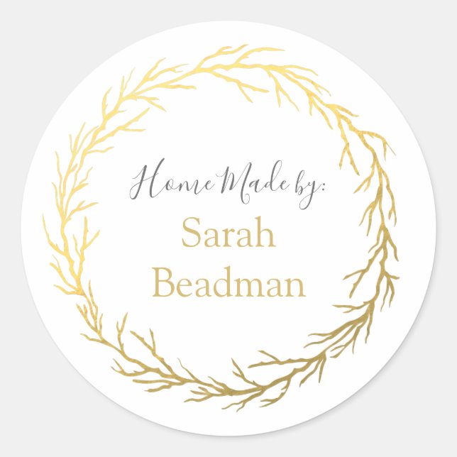 Sticker Rond Cercle Gold Twigs Wreath Home Fabriqué Nom Étiquet (Devant)