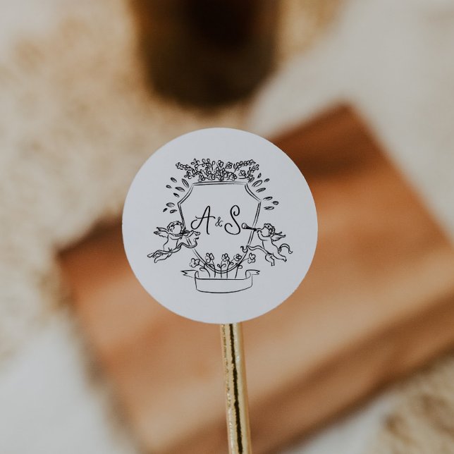 Sticker Rond Cercle Mariage de Monogramme de crête dessiné à la (hand drawn crest round sticker, envelope circle sticker label, wedding hand written monogram)