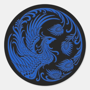 Sticker Rond Cercle Phoenix Bleu Traditionnel sur Noir