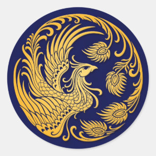 Sticker Rond Cercle Phoenix Jaune Traditionnel sur Bleu