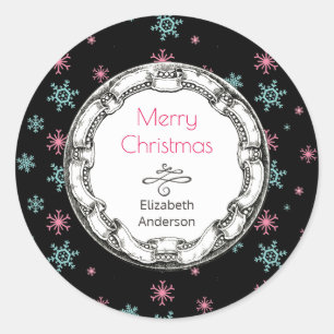 Sticker Rond Cercle vintage avec des flocons de neige Joyeux No