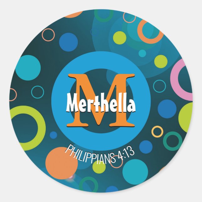 Sticker Rond Cercles colorés modernes Monogramme Customisé BLEU (Devant)