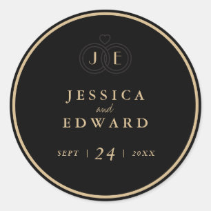 Sticker Rond Cercles de Monogramme Mariage de luxe Black Gold