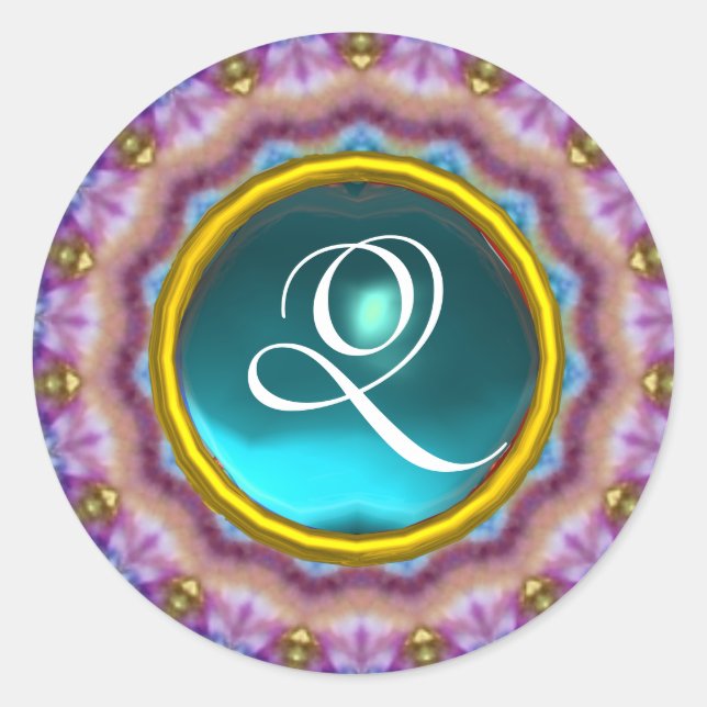 Sticker Rond CERCLES PSYCHÉDÉLIQUES MONOGRAS bleu turquase rose (Devant)