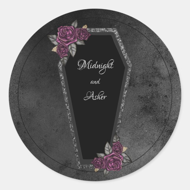 Sticker Rond Cercueil Roses grises noires Étincelles Mariage Ha (Devant)