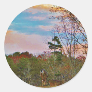Sticker Rond Cerf avec ciel bleu rose