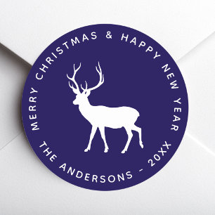Sticker Rond Cerf Buck Biche Blanc Bleu Joyeux Noël Fêtes