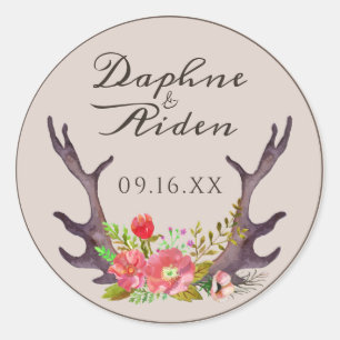 Sticker Rond Cerf de campagne Ramures Floral Mariage Nom Date