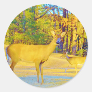 Sticker Rond Cerf de couleur moutarde avec bleu clair