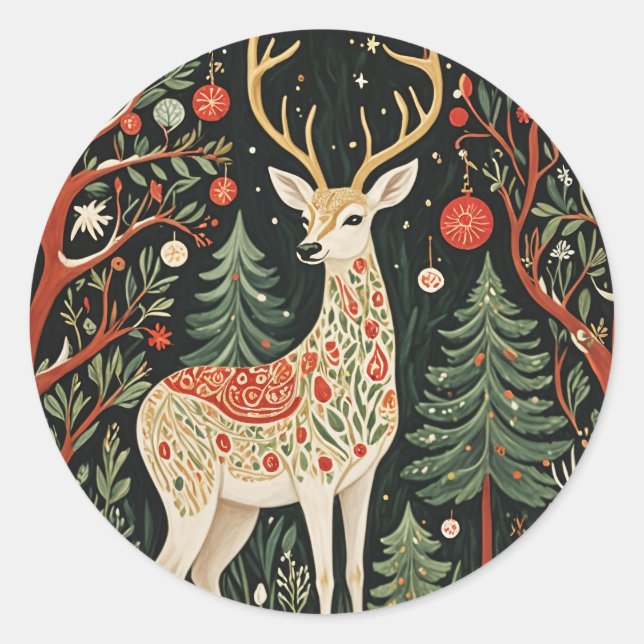 Sticker Rond Cerf de Noël de la forêt de minuit (Devant)