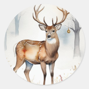 Sticker Rond Cerf en forêt neigeuse Arbres de Noël Aquarelle