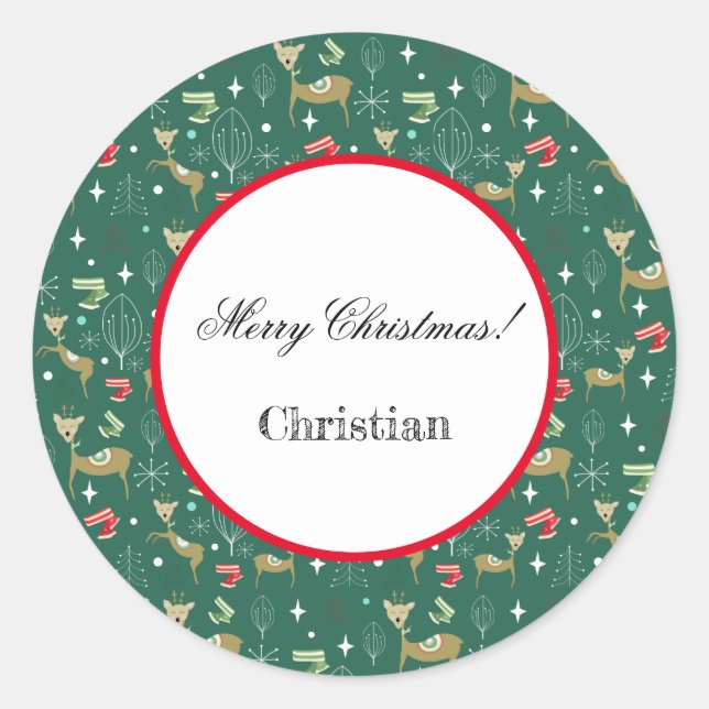 Sticker Rond Cerf mignon aux arbres de Noël et flocons de neige (Devant)