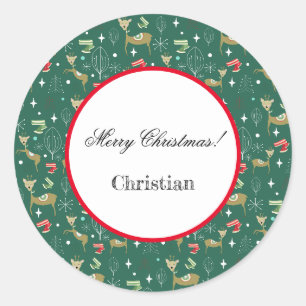 Sticker Rond Cerf mignon aux arbres de Noël et flocons de neige