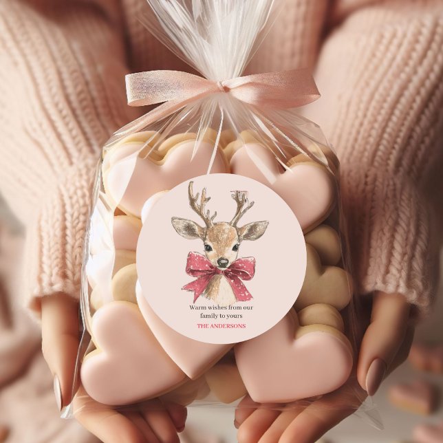 Sticker Rond Cerf mignon avec Bow rouge | Noël rose (Créateur téléchargé)