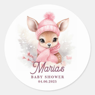 Sticker Rond Cerf Rose Écharpe Chapeau Fille Fête