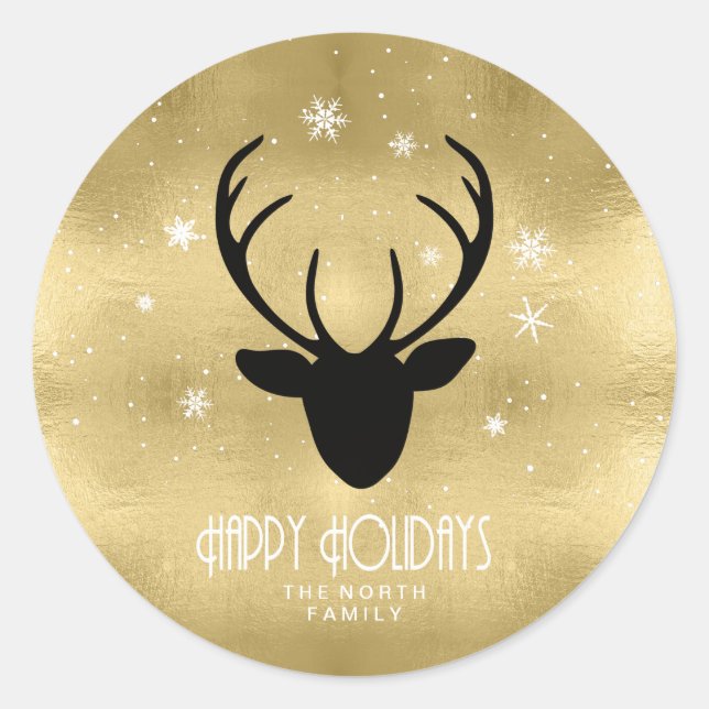 Sticker Rond Cerfs Antlers Silhouette & Flakes Gold ID861 (Devant)