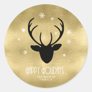 Sticker Rond Cerfs Antlers Silhouette & Snowflakes Gold ID861 