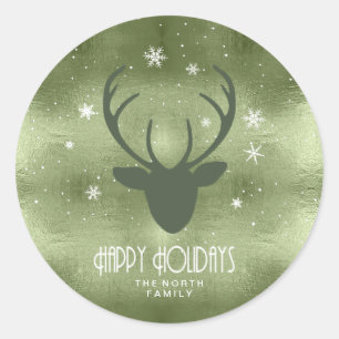 Sticker Rond Cerfs Antlers Silhouette & Snowflakes Green ID861