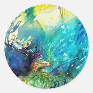 STICKER ROND CERFS DANS UN BOIS VERT