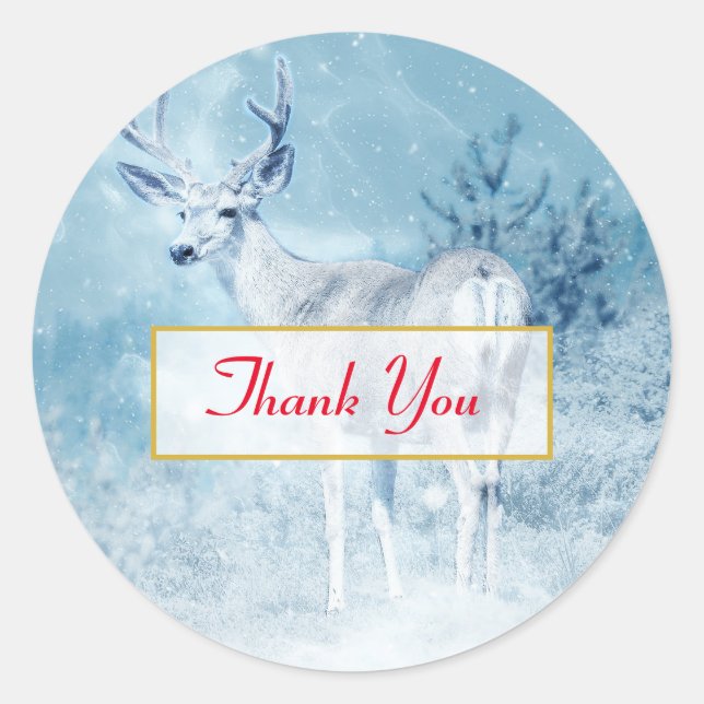 Sticker Rond Cerfs d'hiver et pins Merci (Devant)