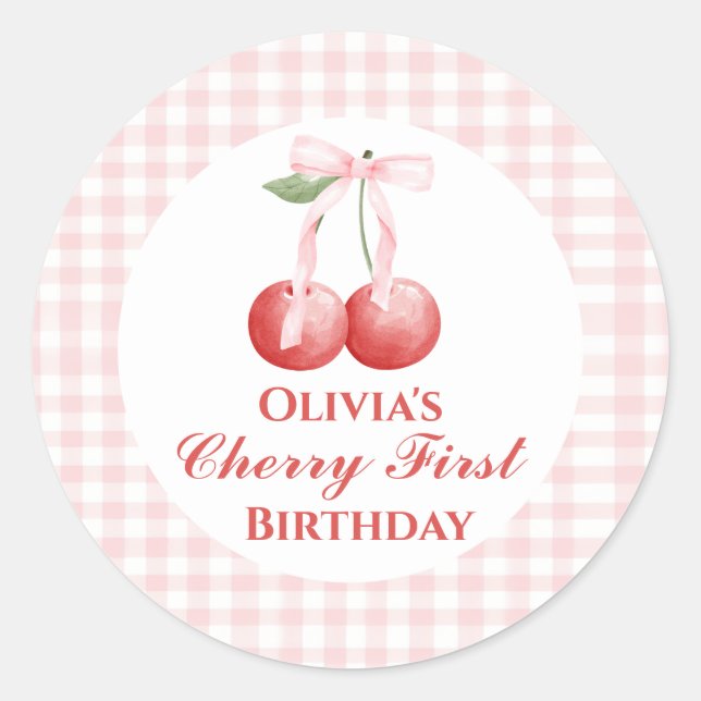 Sticker Rond Cerise premier anniversaire Ruban rose Gingham (Devant)
