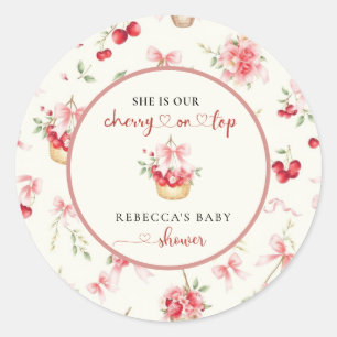 Sticker Rond Cerise sur le Baby shower de la corbeille rose