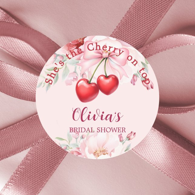 Sticker Rond Cerise sur le nœud rose floral Shower de Mariée (Créateur téléchargé)