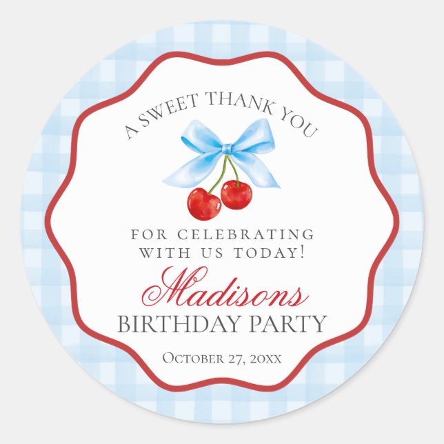 Sticker Rond Cerise Sweet Bleu Coquette Bow Anniversaire Cercle (Devant)
