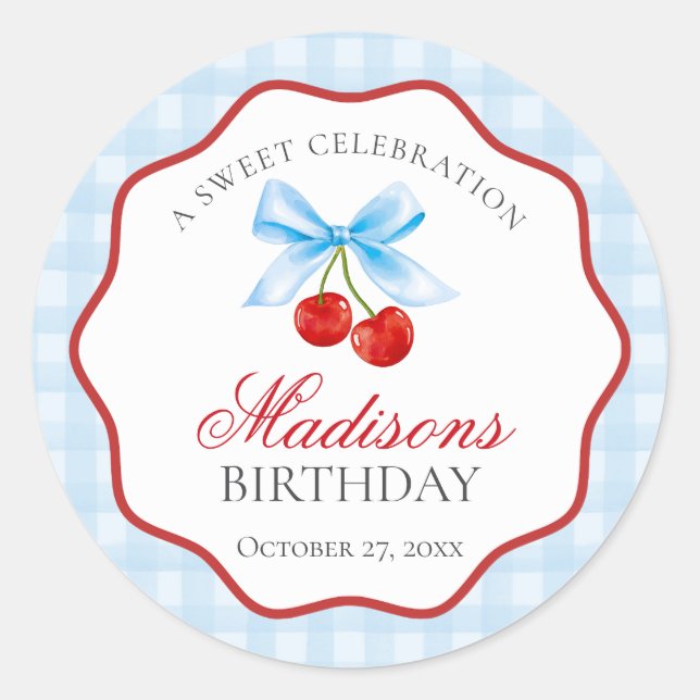 Sticker Rond Cerise Sweet Bleu Coquette Bow Sceau d'anniversair (Devant)