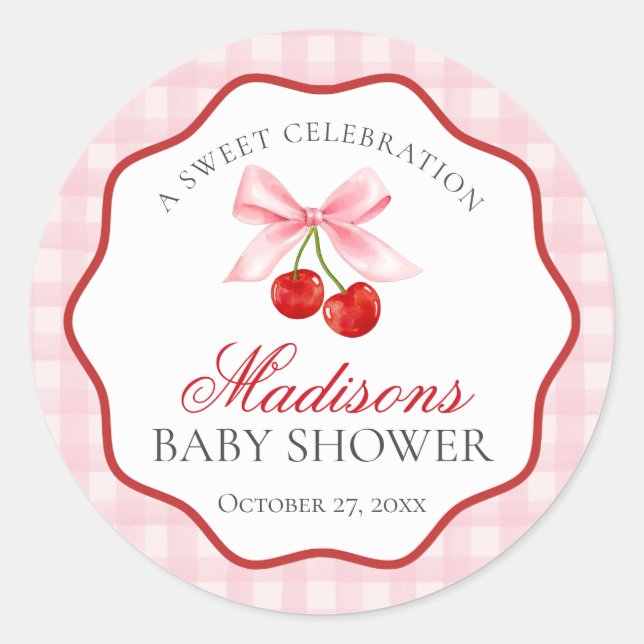 Sticker Rond Cerise Sweet Coquette Rose Baby shower Bow Sceau (Devant)