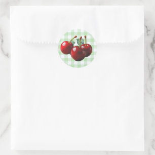Sticker Rond Cerises rétro fraîchement cueillies gingham vert