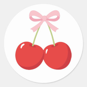 Sticker Rond Cerises Rouges avec Nœud Rose Coquette Fête d'Anni