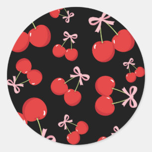 Sticker Rond Cerises Rouges avec Nœud Rose Fête d'Anniversaire 