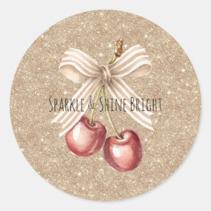 Sticker Rond Cerises Rouges Pailletées Or  
