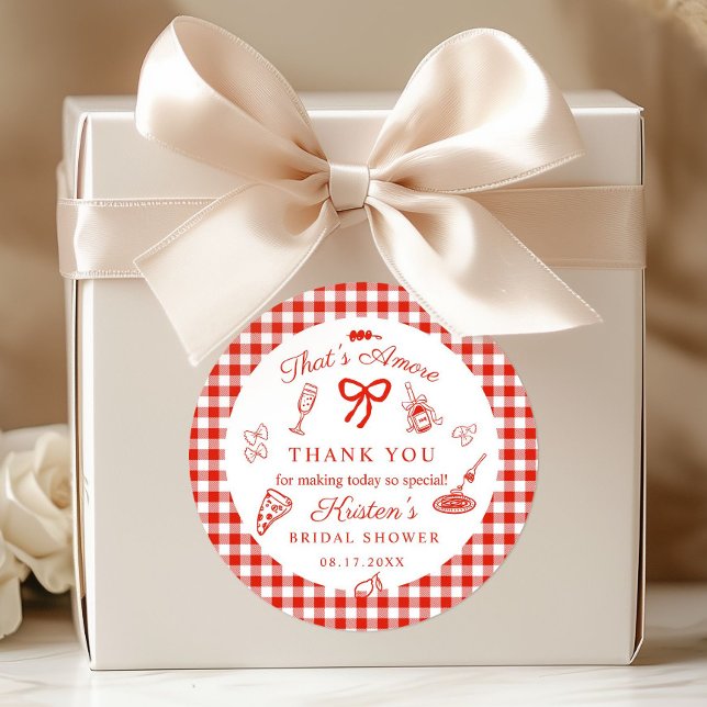 Sticker Rond C'est l'amour douche de mariée italienne Merci (That's amore Italian Food bridal shower thank you tag red gingham)