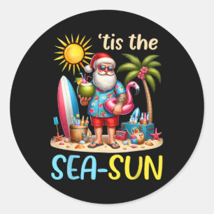 Sticker Rond C'est le soleil de mer hawaïen Père Noël Noël en 