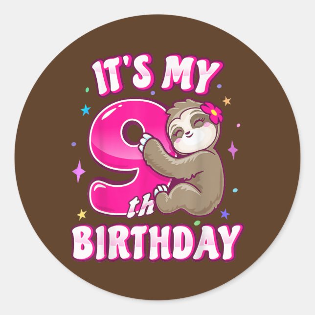 Sticker Rond C'Est Mon 9e Anniversaire Neuf Fille Rose Fille Th (Devant)