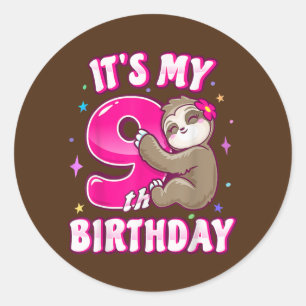 Sticker Rond C'Est Mon 9e Anniversaire Neuf Fille Rose Fille Th